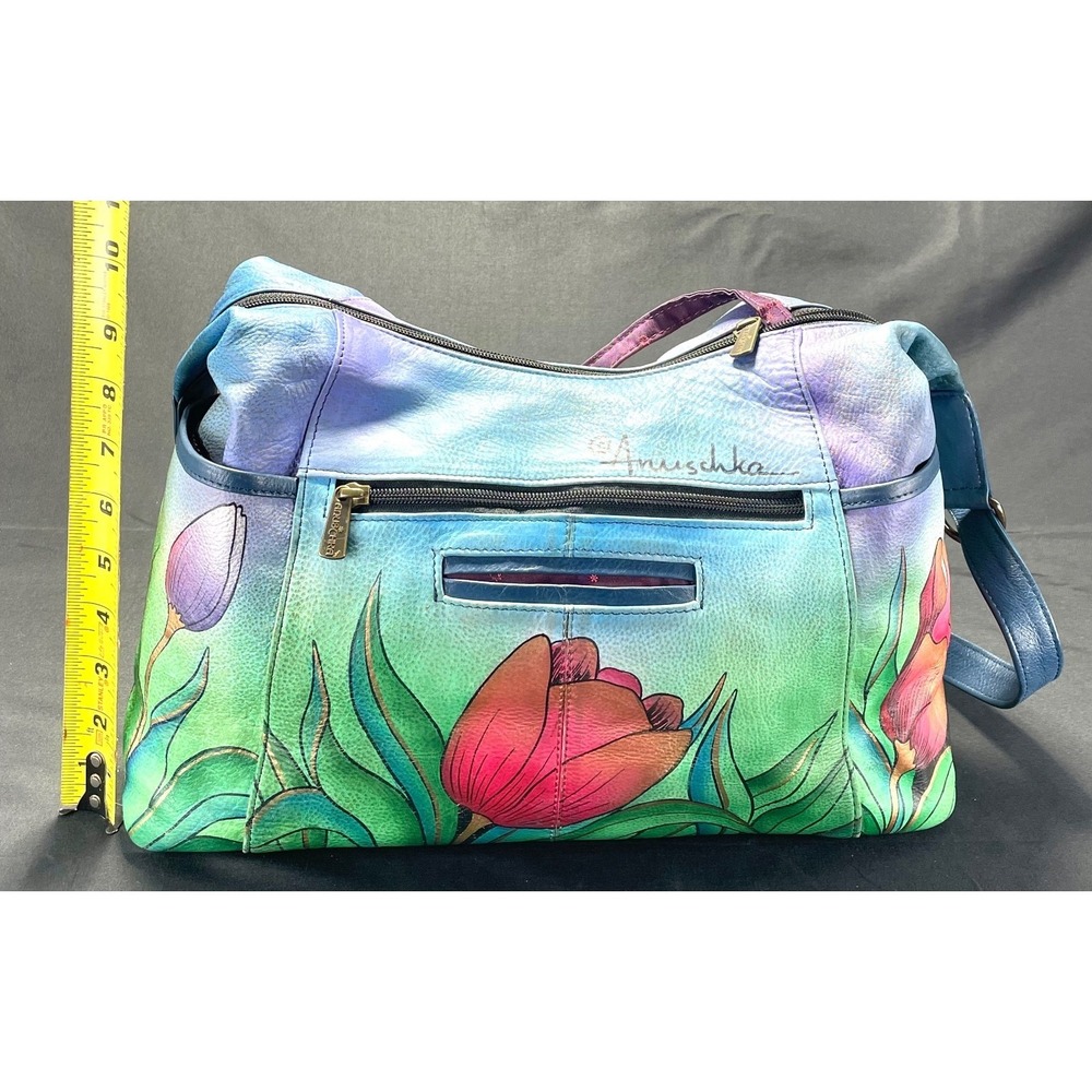 Anuschka Hand Painted Leather Floral Hobo Crossbody Bag Wallet Key Strap - Picture 3 of 9
